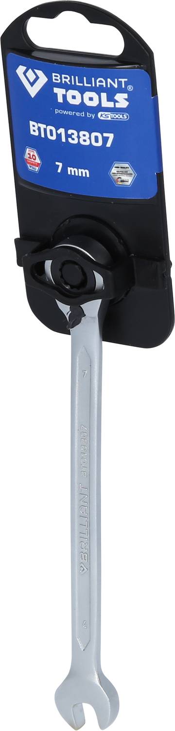 'Chiave poligonale Brilliant Tools, misura 7 mm, su supporto nero con informazioni del produttore e numero articolo BT013807.'