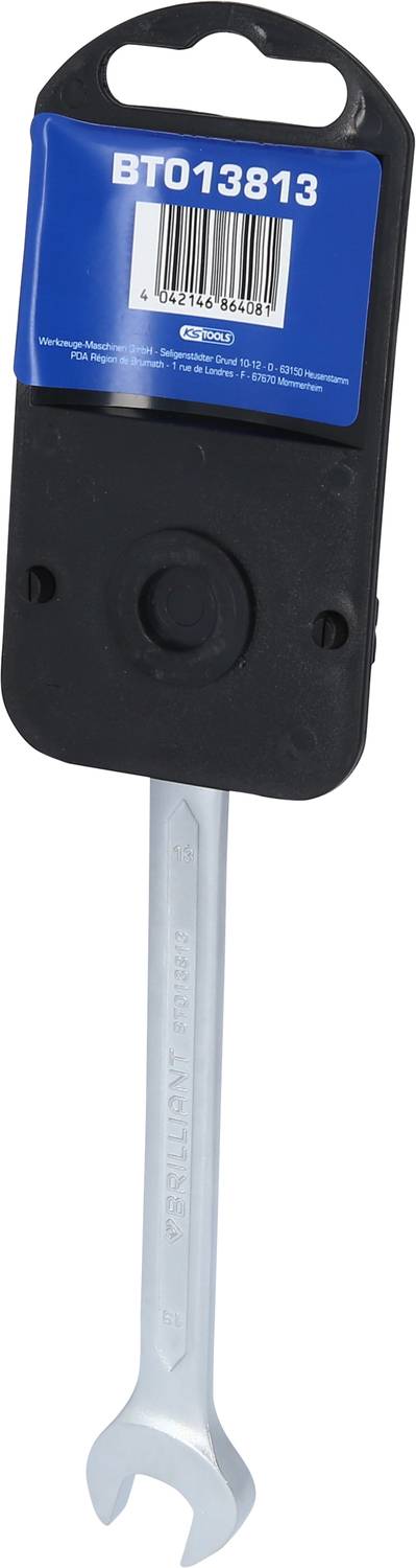 Una chiave inglese argentata con un supporto nero e blu, su cui è presente un codice a barre e il numero 'BT013813'.