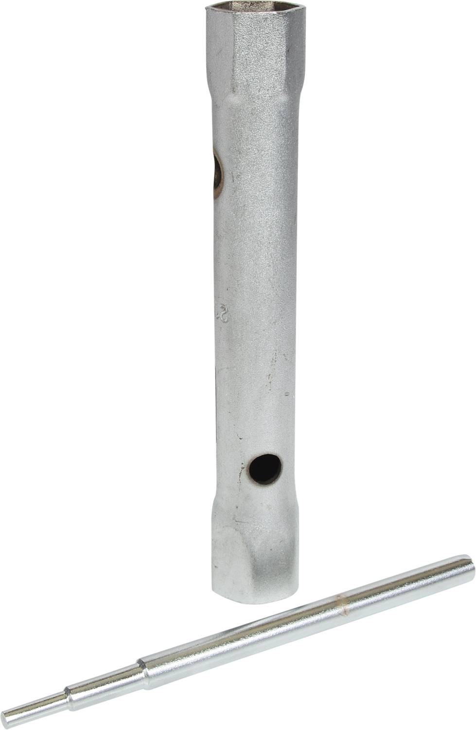 Un utensile di metallo argentato con due aste. Un'asta con tagli circolari, l'altra più sottile e più lunga.