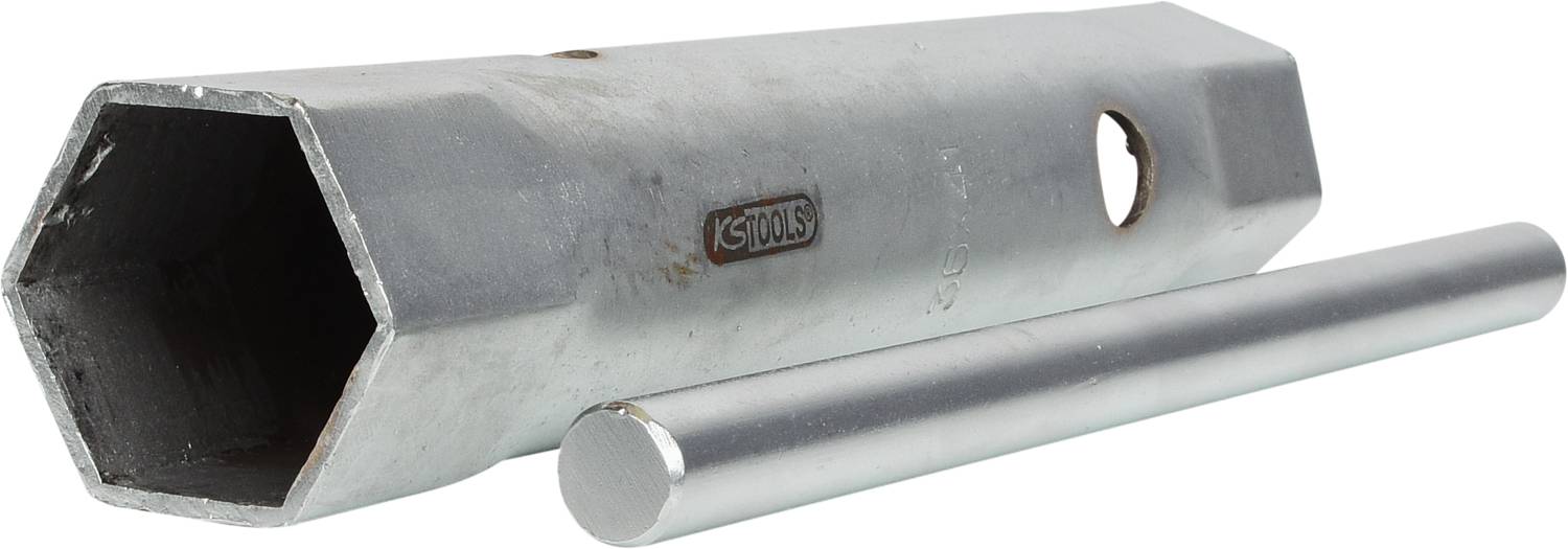 Una chiave per candele d'argento e un'asta rotonda per la rimozione delle candele.