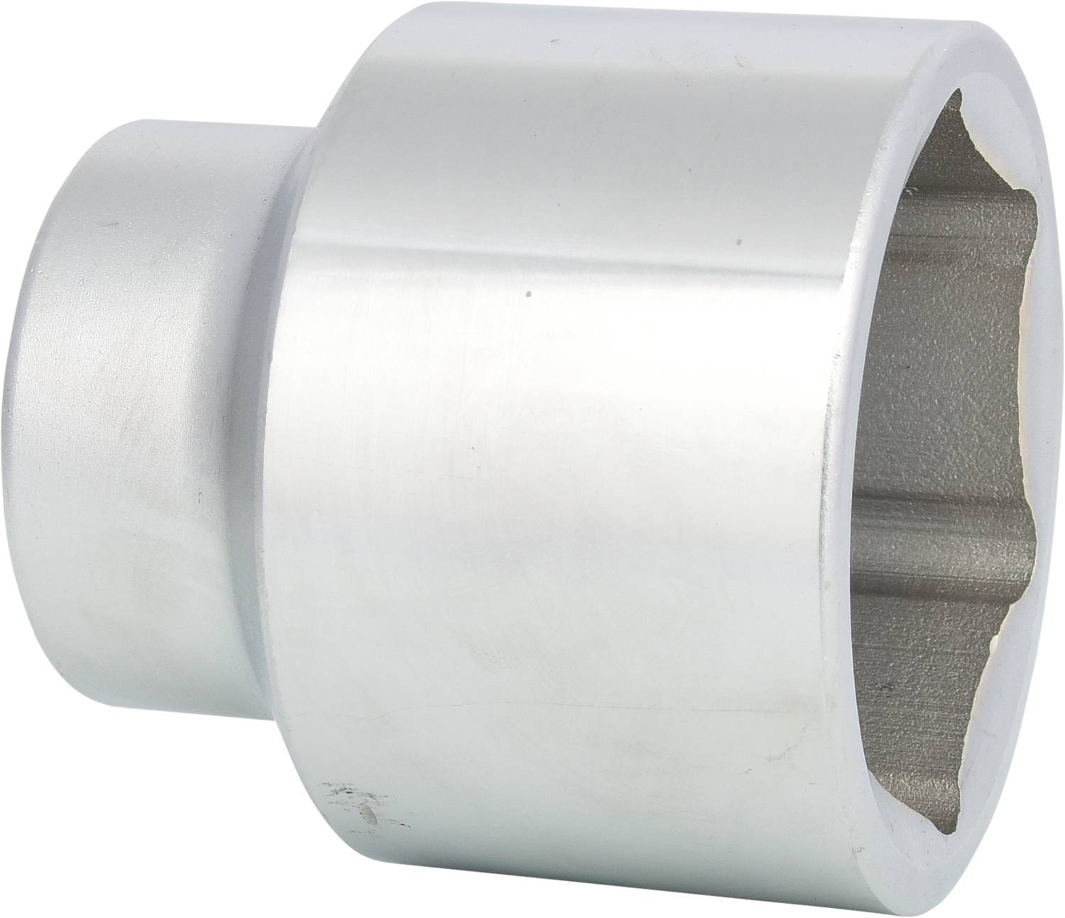 Inserto a bussola metallico, forma cilindrica, con finitura argentata. Utilizzato per allentare o serrare dadi e viti.