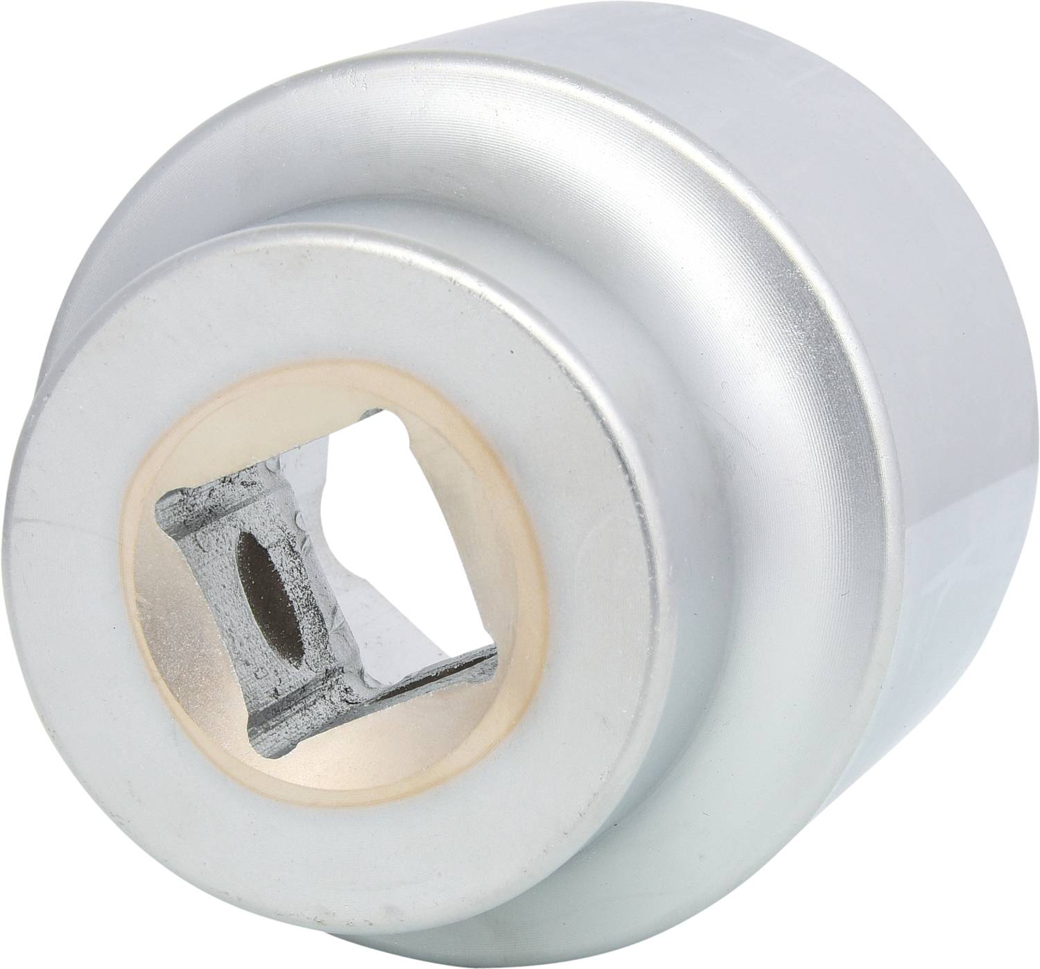 Chiave argentata, cilindrica per filtro dell'olio con apertura quadrata, utilizzata per la riparazione e manutenzione di motori di veicoli.