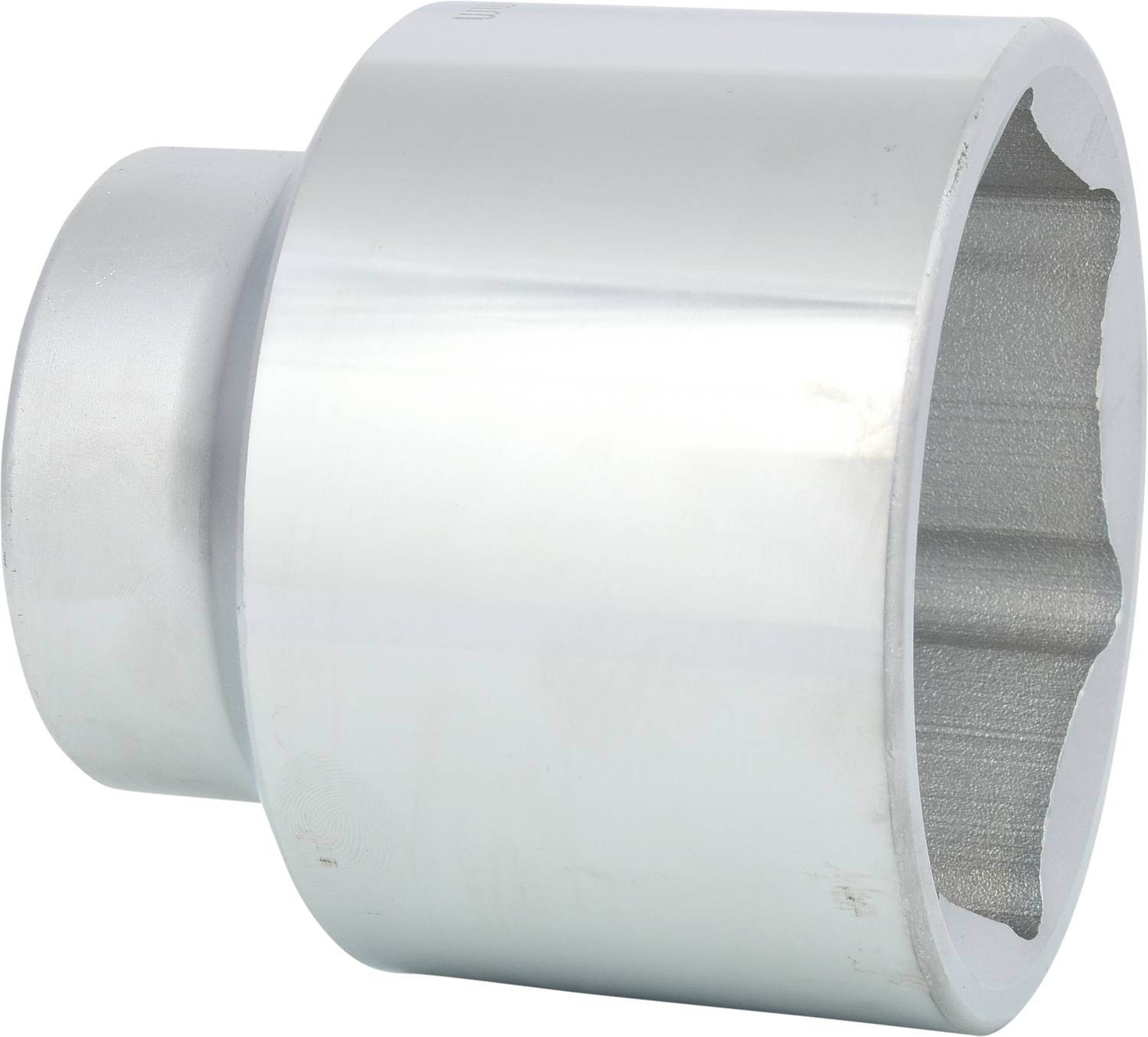 Supporto metallico cilindrico, color argento lucente, con foro esagonale interno, presumibilmente un attacco per utensile.