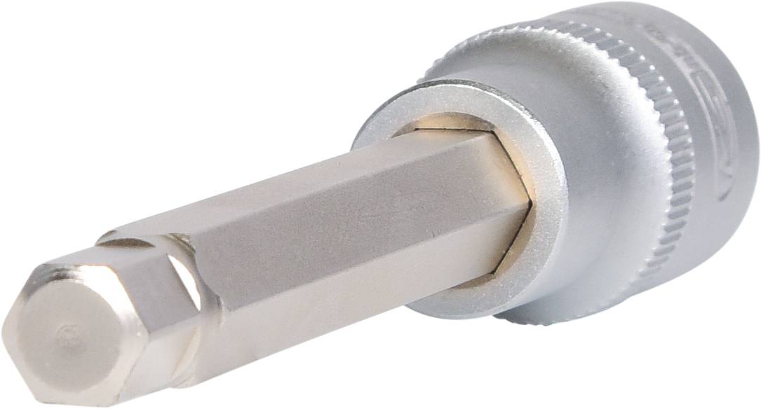Inserto per bit esagonale in metallo, appositamente progettato per essere utilizzato con una chiave, che dimostra lavorazione precisa e robustezza.