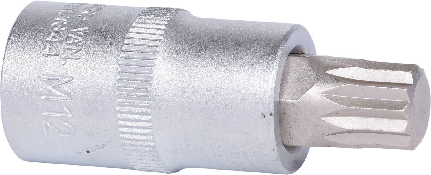 Chiave a bussola con profilo Torx, misura M12, in metallo argentato. Ideale per serrare o allentare viti con testa Torx.