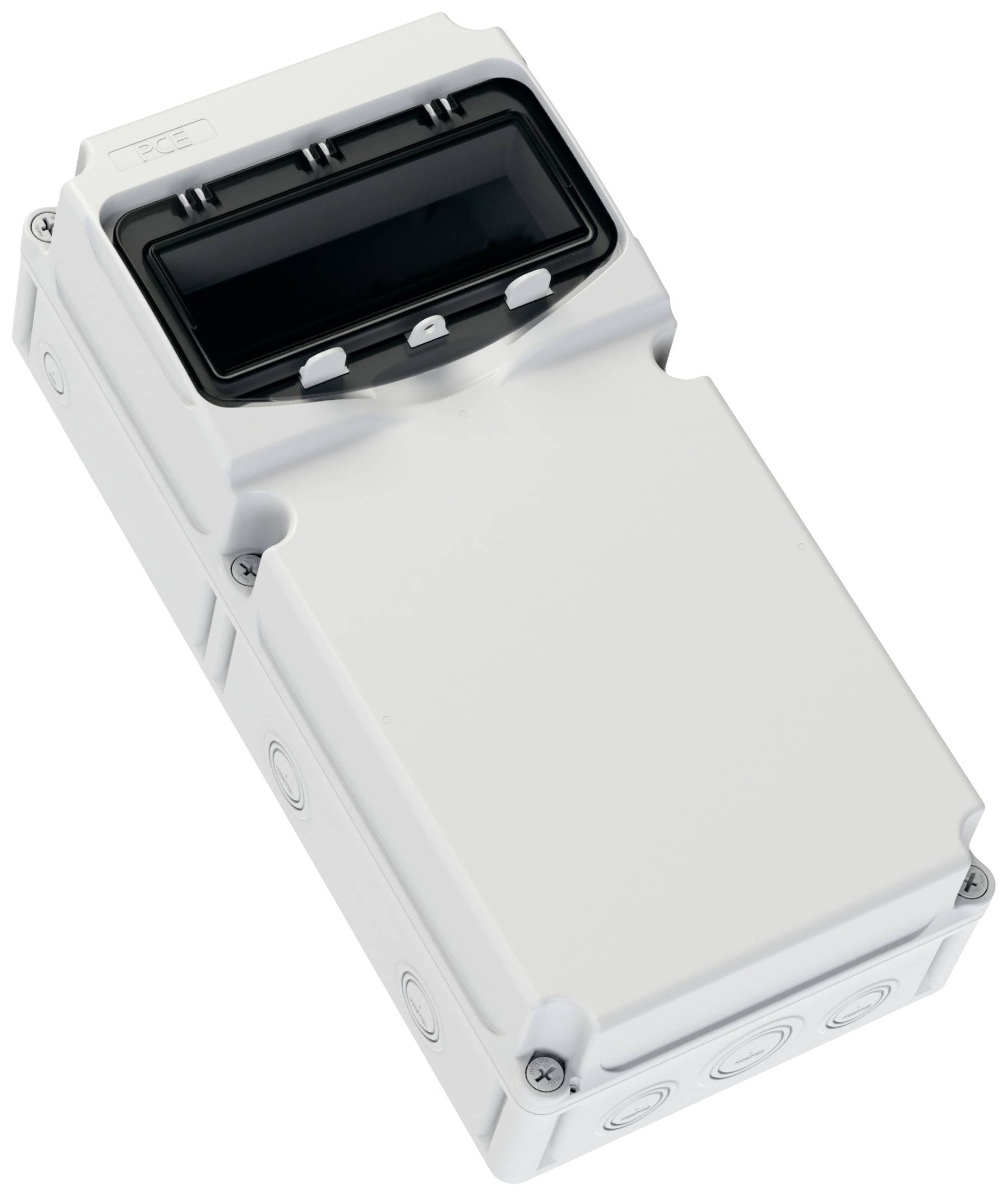 Un dispositivo elettronico rettangolare bianco con display nero sfumato sulla parte superiore, probabilmente un contatore o un regolatore.
