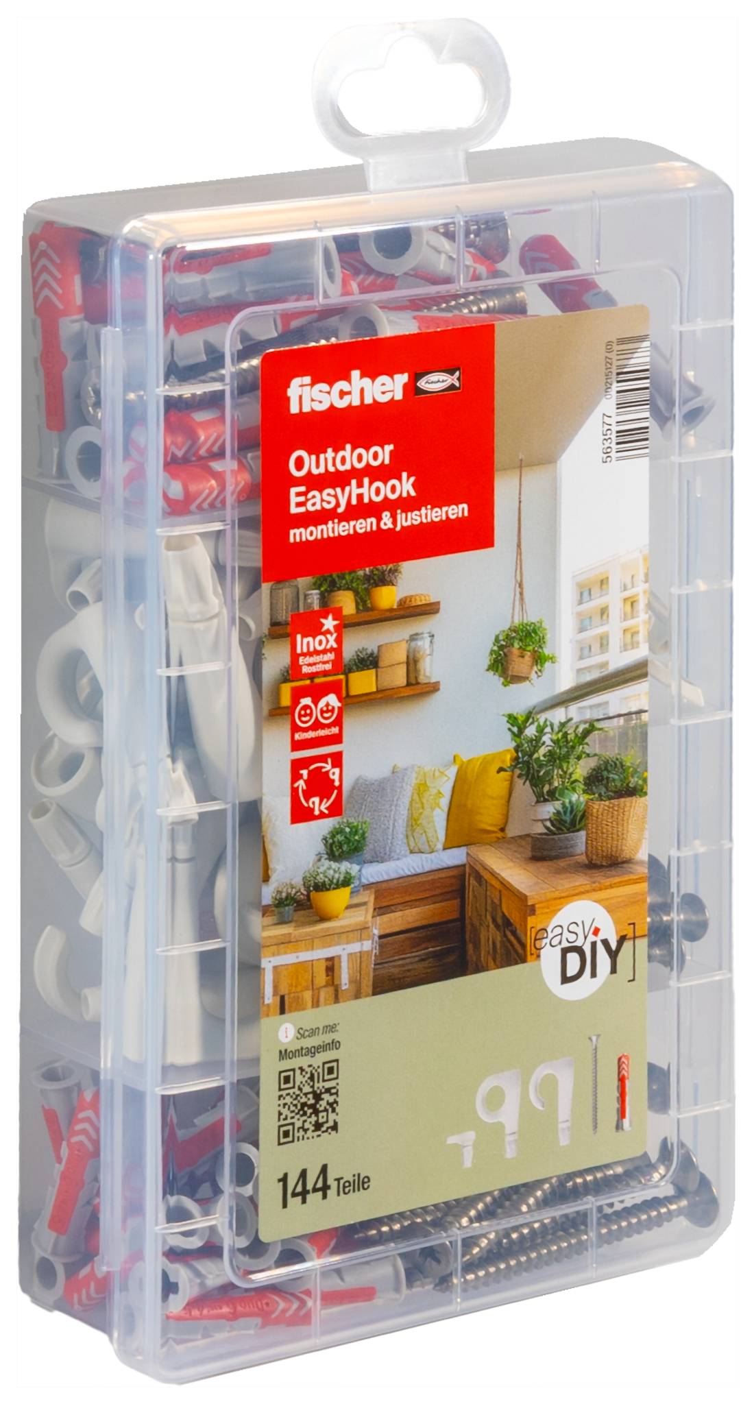 Scatola organizzatore in plastica di Fischer 'Outdoor EasyHook' kit di ferramenta da montaggio, etichettata '144 Teile' e 'easy DIY'.