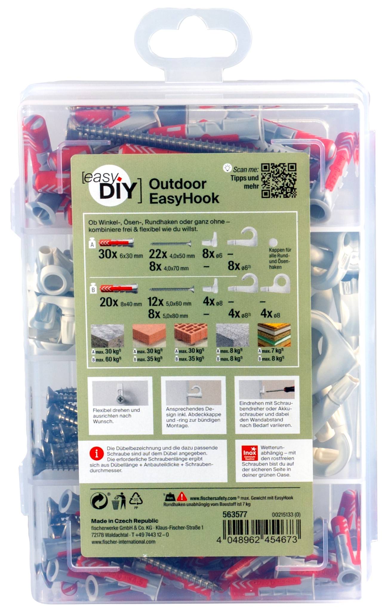 Un set di 144 elementi di fissaggio Fischer, adatti per 'EasyHook Outdoor'. Sono mostrati viti e tasselli.