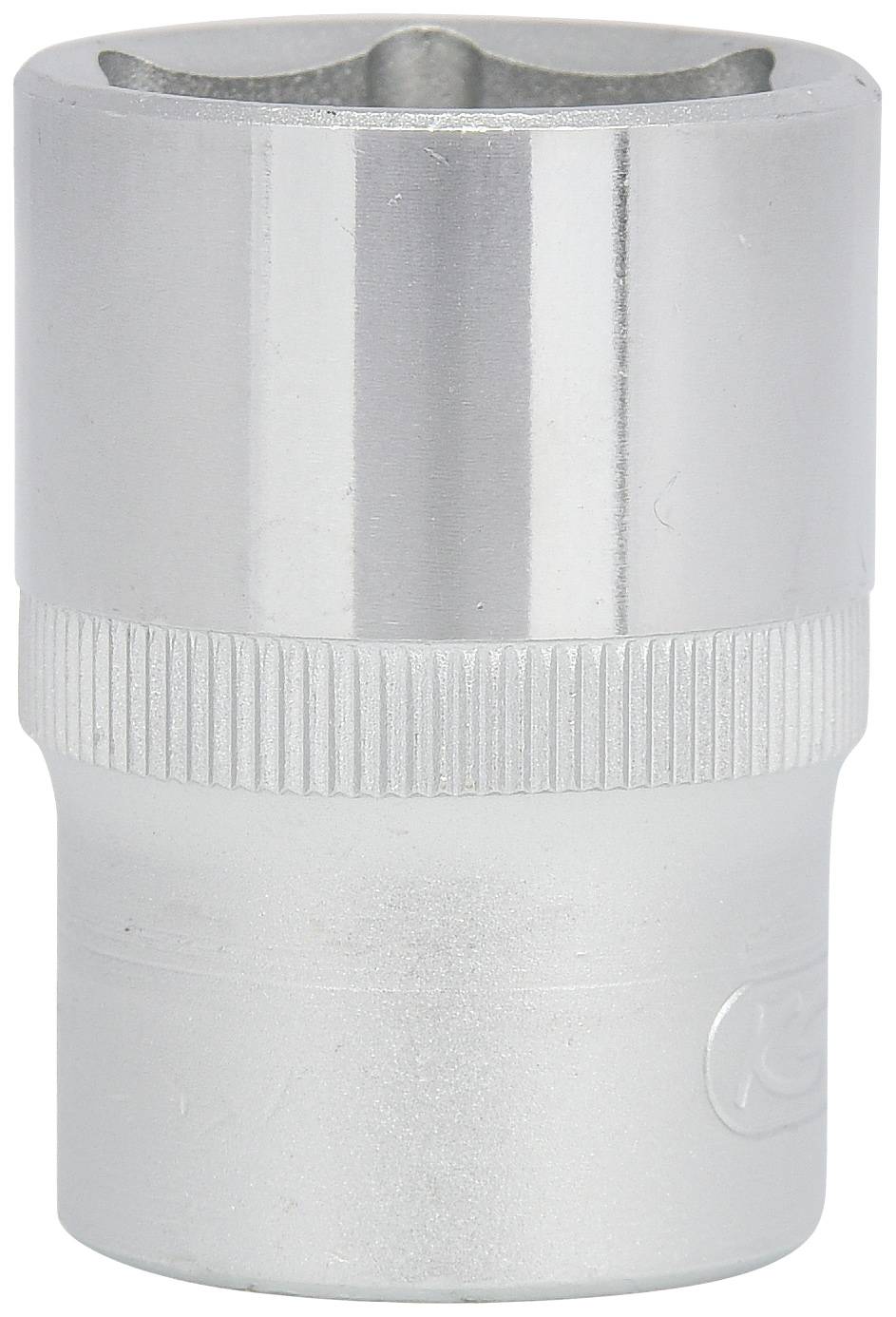Un dado zigrinato in argento con impugnatura cilindrica, utilizzato come utensile per avvitare e svitare connessioni.