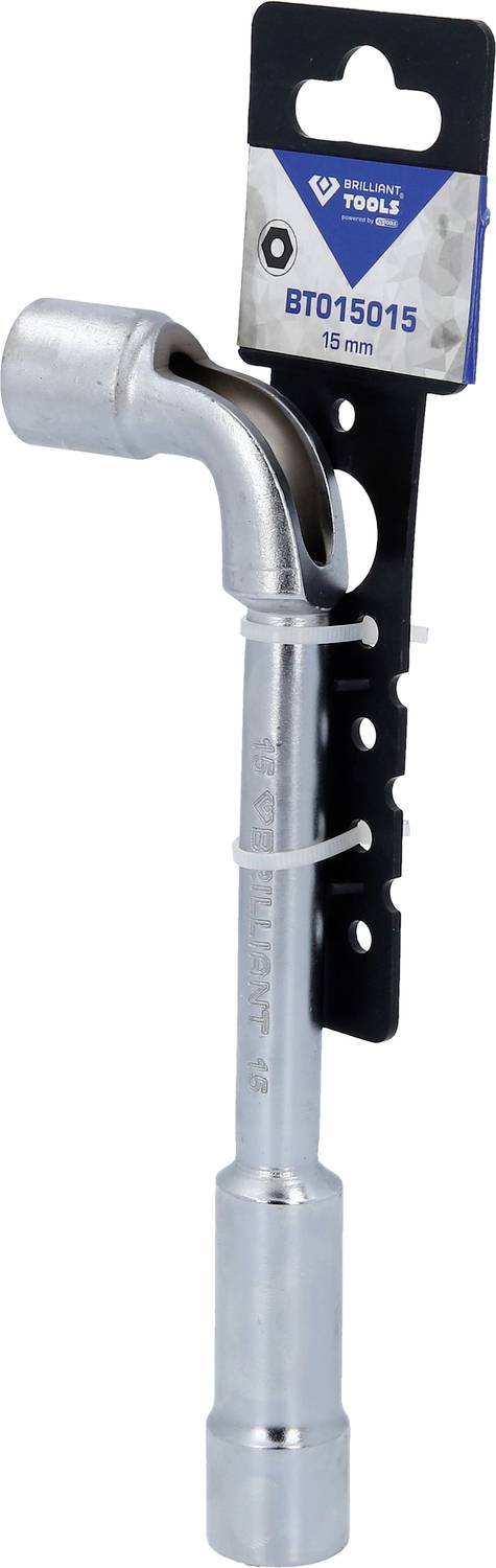 Chiave inglese da 16 mm appesa a un supporto nero. Adatta per allentare dadi e viti. Di colore argento, con etichetta in alto.