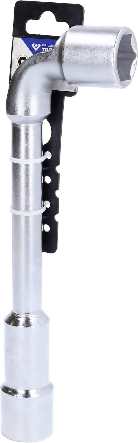 Una chiave per dadi dei cerchi in argento con impugnatura, fissata a un supporto nero in plastica. Strumento per il montaggio dei pneumatici.