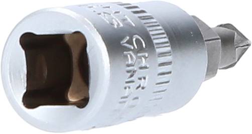 Un inserto argentato per cacciavite con scanalatura per bit, adatto a cricchetti o avvitatori a batteria.