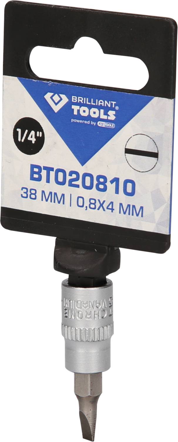 Bit per cacciavite 'Brilliant Tools', dimensione 1/4", lunghezza 38 mm, con punta piatta da 0,8x4 mm, confezionato su una scheda di cartone.