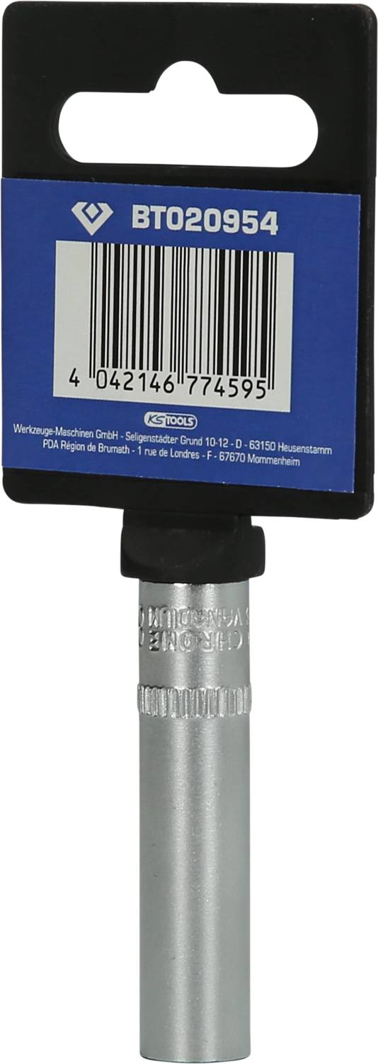 Un accessorio per trapano con un cilindro argentato, confezionato su una scheda blu con la scritta 'BT020954' e codice a barre.