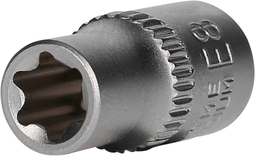 Una chiave a bussola Torx in argento con la scritta 'E8'. La chiave ha un'apertura a stella ed è utilizzata per connessioni di viti.