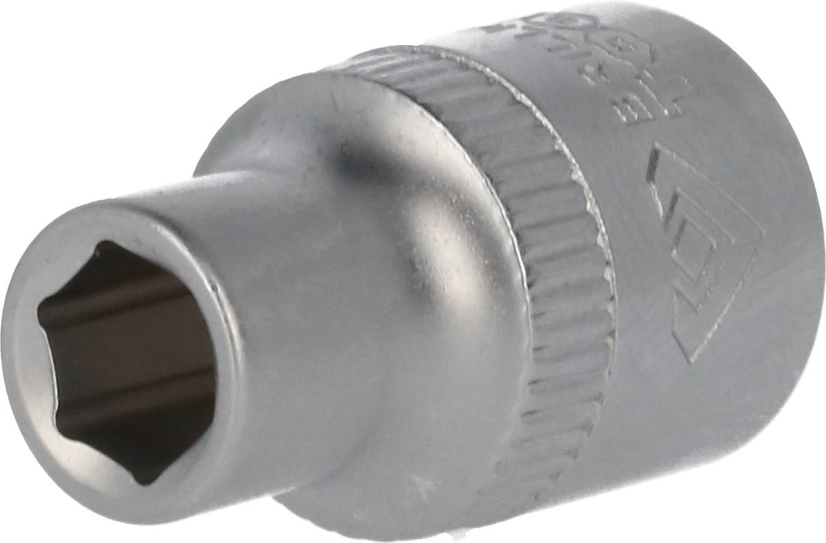 Adattatore per chiave a metallo con apertura esagonale e bordo scanalato. Utilizzato in combinazione con chiavi per avvitare.