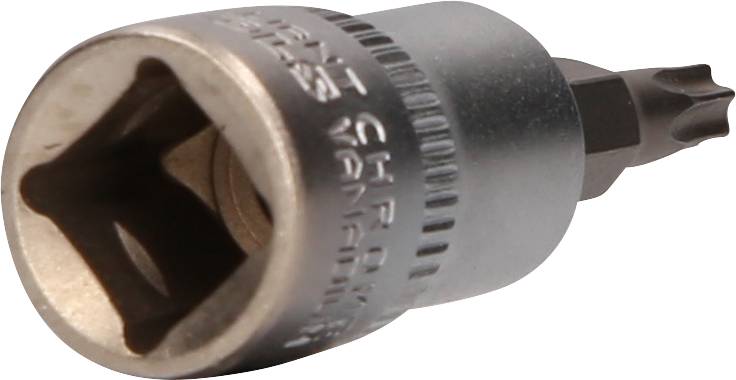 Inserto per bit Torx in acciaio cromo-vanadio, visto obliquamente, con testa arrotondata e attacco esagonale.