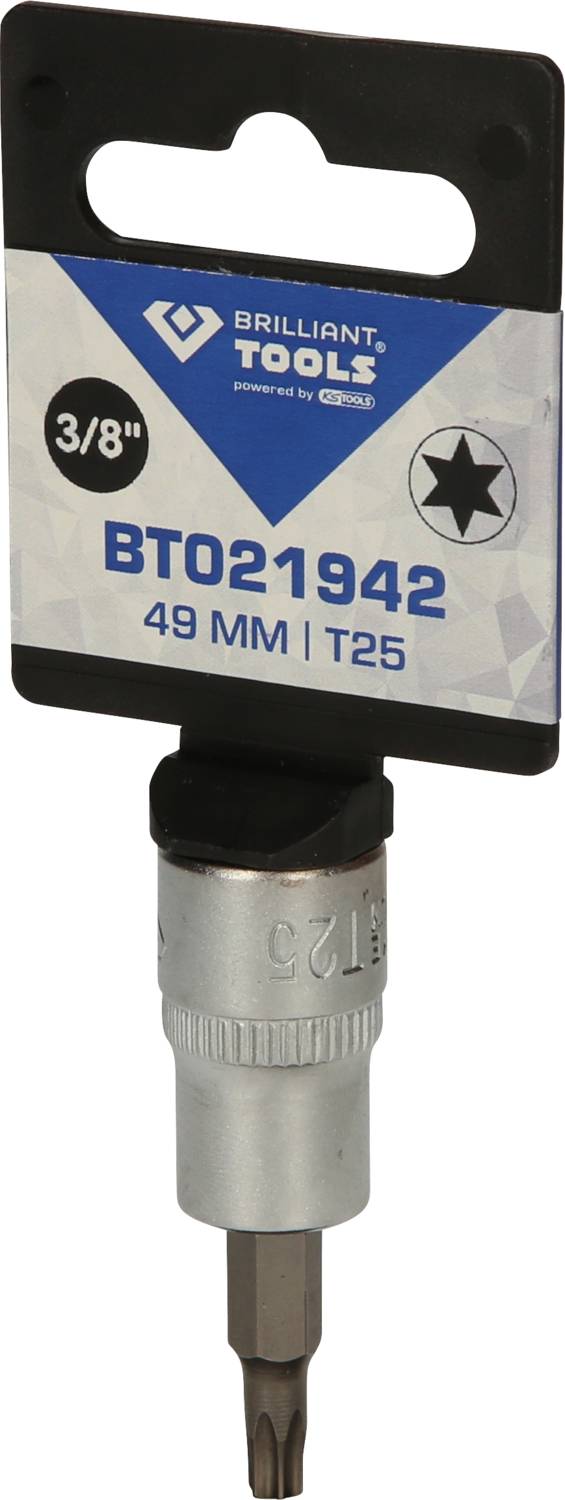Inserto per chiave a bussola Brilliant Tools, modello BT021942, 49 mm, T25. La confezione indica la dimensione e il tipo di utensile.