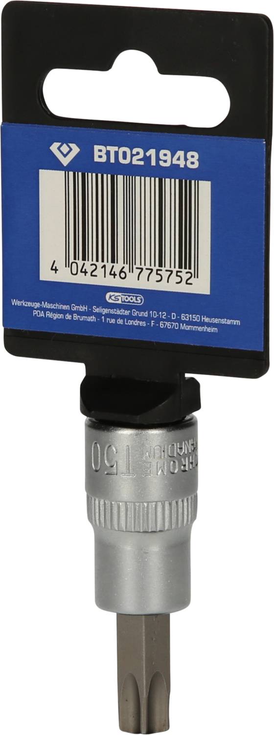 Piccolo inserto per cacciavite Torx con etichetta blu in alto, numero di serie 'BT021948'.