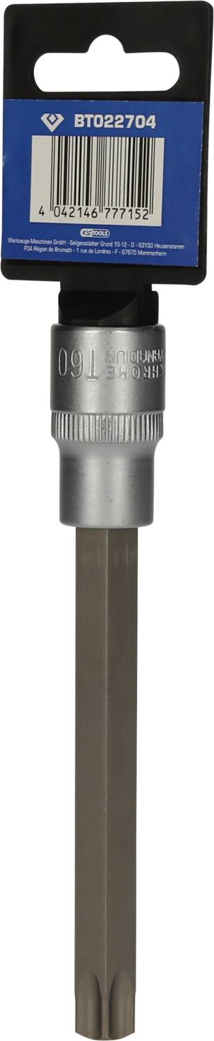 Utensile metallico con impugnatura, contrassegnato con 'BT022704' su etichetta blu, comprensivo di codice a barre. Principalmente destinato a lavori artigianali.