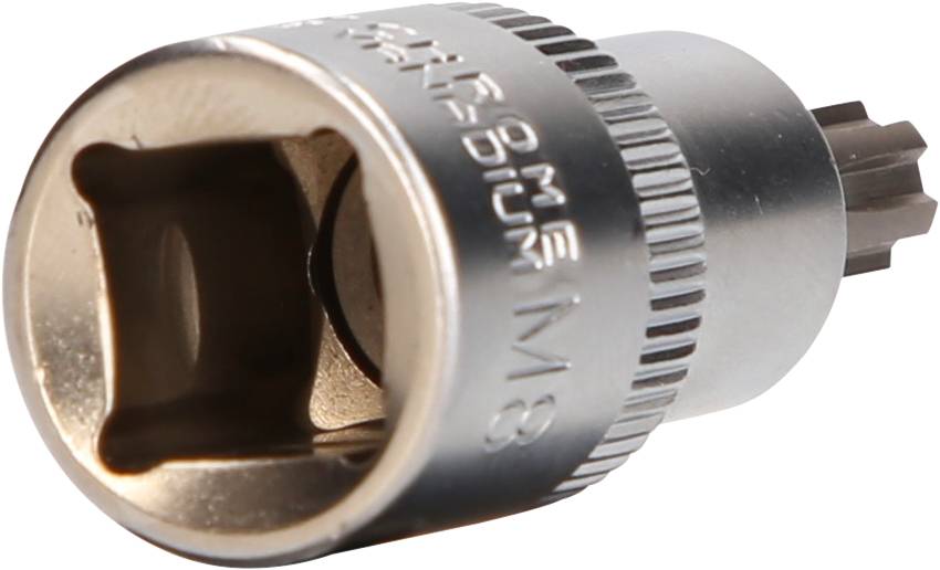 Inserto chiave a bussola metallico con dentatura a ingranaggio. Adatto per lavori di avvitamento e compatibile con i sistemi di chiavi a bussola più comuni.