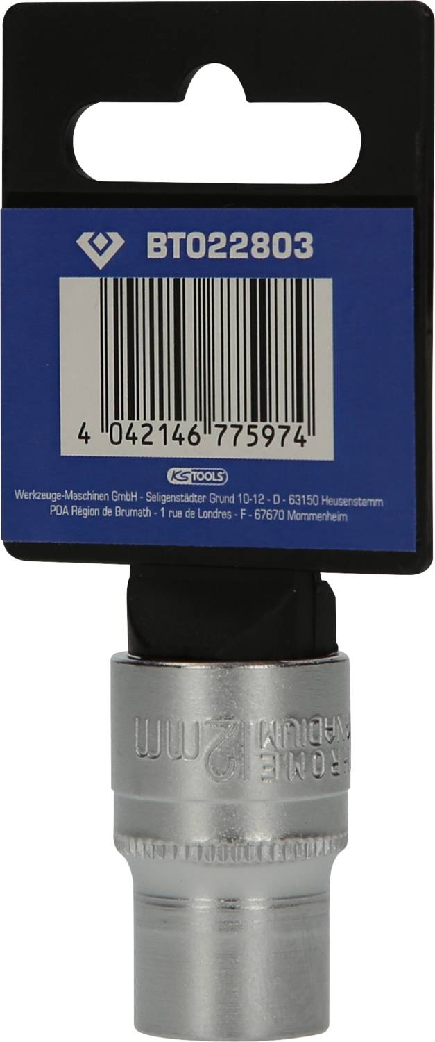 Chiave a bussola 'BT022803' con codice a barre su un supporto blu.