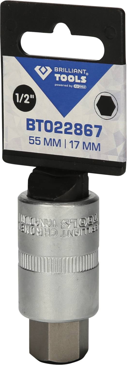 Prolunga per chiave a bussola del marchio Brilliant Tools, modello BT022867, adatta per attacchi da 1/2 pollice, lunghezza 55 mm e larghezza 17 mm.