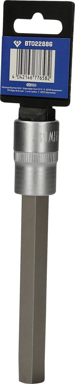 Chiave a bussola con gambo lungo e estremità esagonale. Adatta per lavori di avvitatura specifici. La zona superiore presenta un codice a barre e un numero di prodotto.