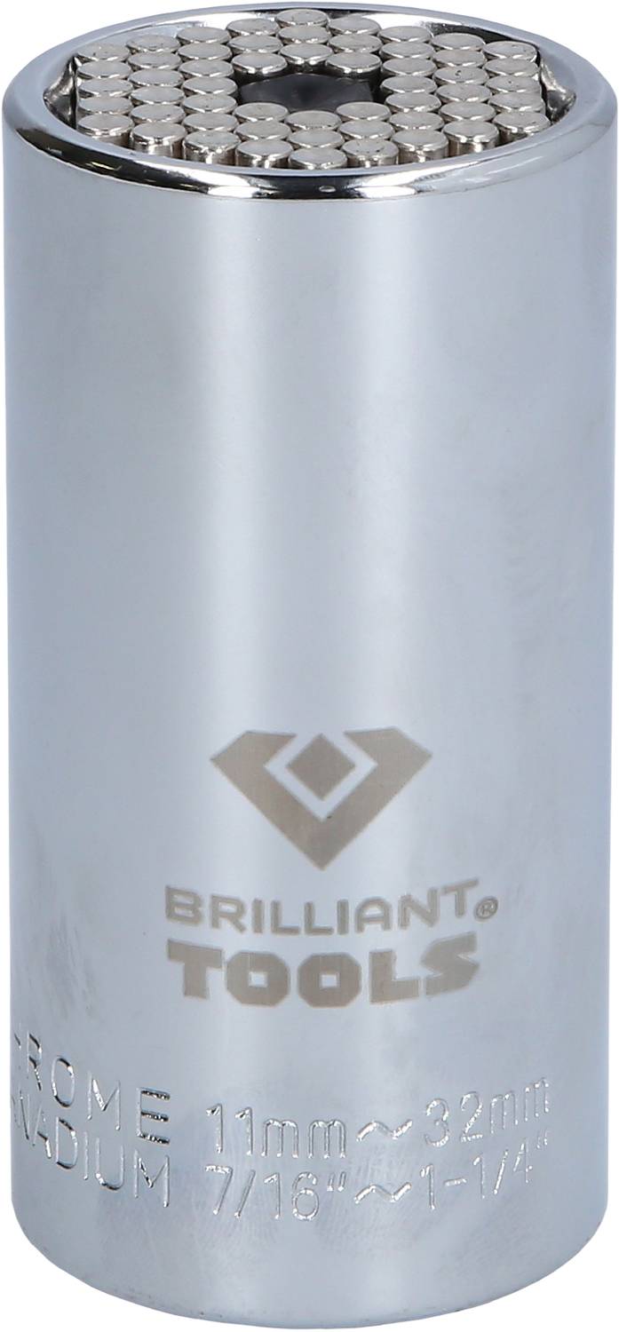 Attrezzo universale a cricchetto con inserto intercambiabile, colore argento, adatto per misure da 11 mm a 32 mm. Logo del marchio 'Brilliant Tools'.
