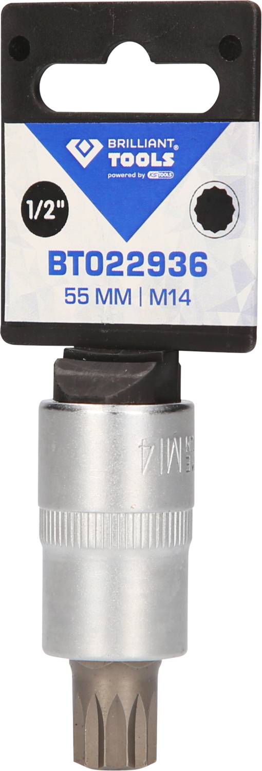 Inserto chiave a bussola 'Brilliant Tools' per viti multilobate, 55 mm, M14. Confezione riporta il simbolo per attacco da 1/2 pollice.
