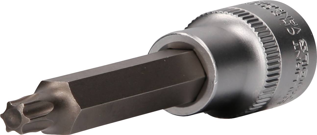 Un'inserto per chiave con una punta Torx in metallo, adatto per lavori con viti Torx, montato in un attacco per chiave.