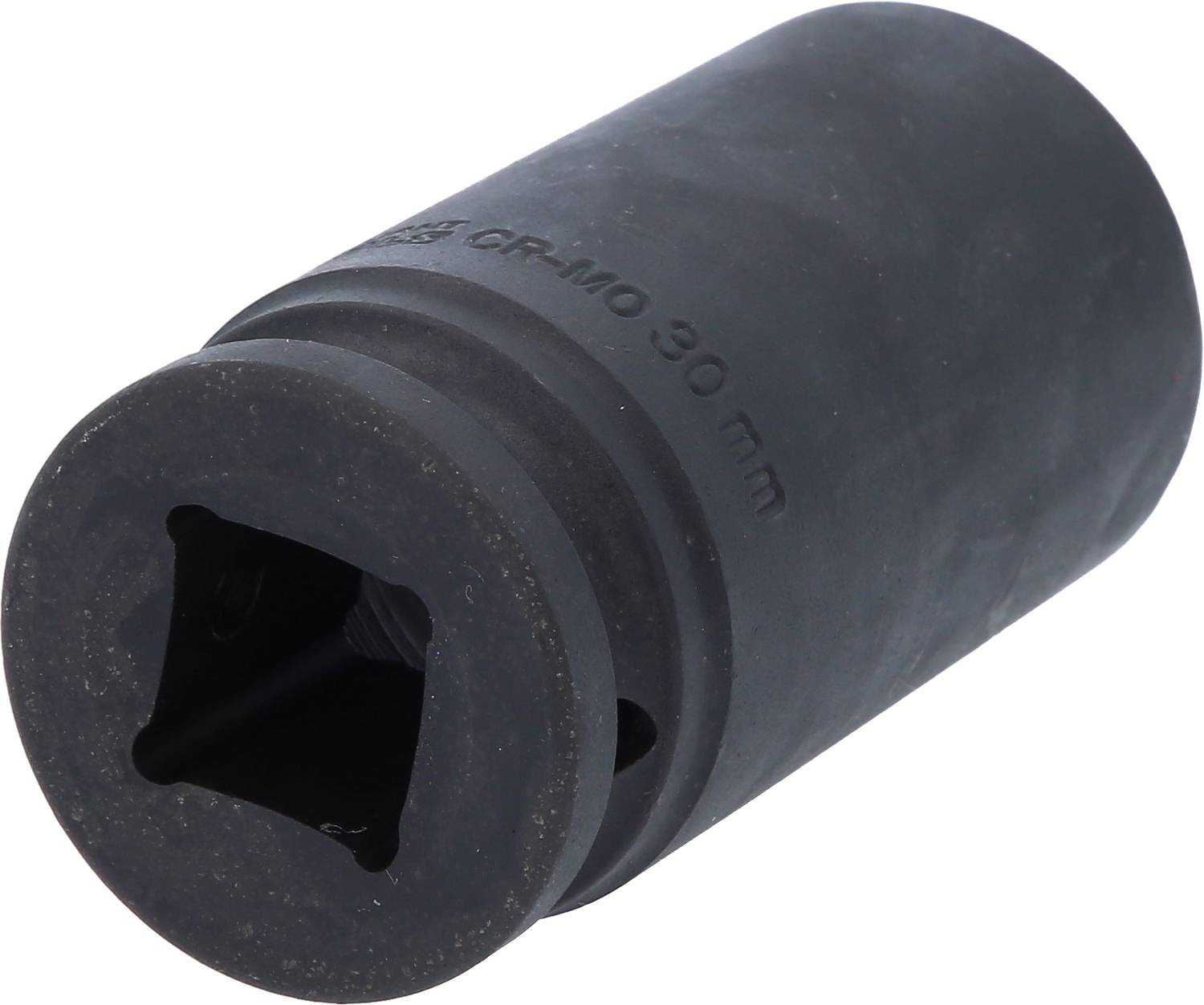 Un dado nero esagonale in metallo con incisione '30mm', utilizzato per connessioni filettate.