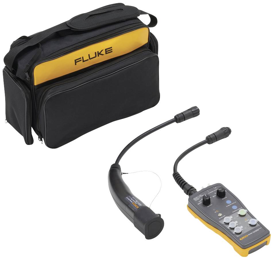 Un misuratore giallo con custodia nera e cavi è posizionato davanti a una borsa nera con la scritta 'FLUKE'. Lo strumento è adatto per la ricerca di perdite.