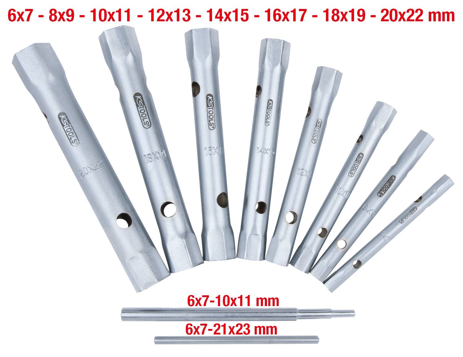 'Set di nove chiavi a tubo cilindriche di diverse dimensioni, da 6x7 mm a 20x22 mm, in metallo color argento.'
