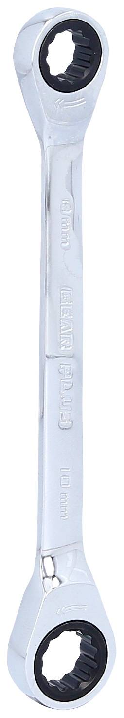 Chiave a doppio anello in metallo con funzione a cricchetto, con diverse dimensioni alle estremità, utilizzata per lavori di avvitatura.