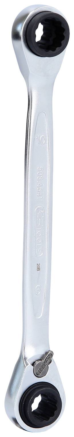 Una chiave ad anello in argento con due cricchetti alle estremità, adatta a diverse dimensioni di viti. Ideale per lavori meccanici.