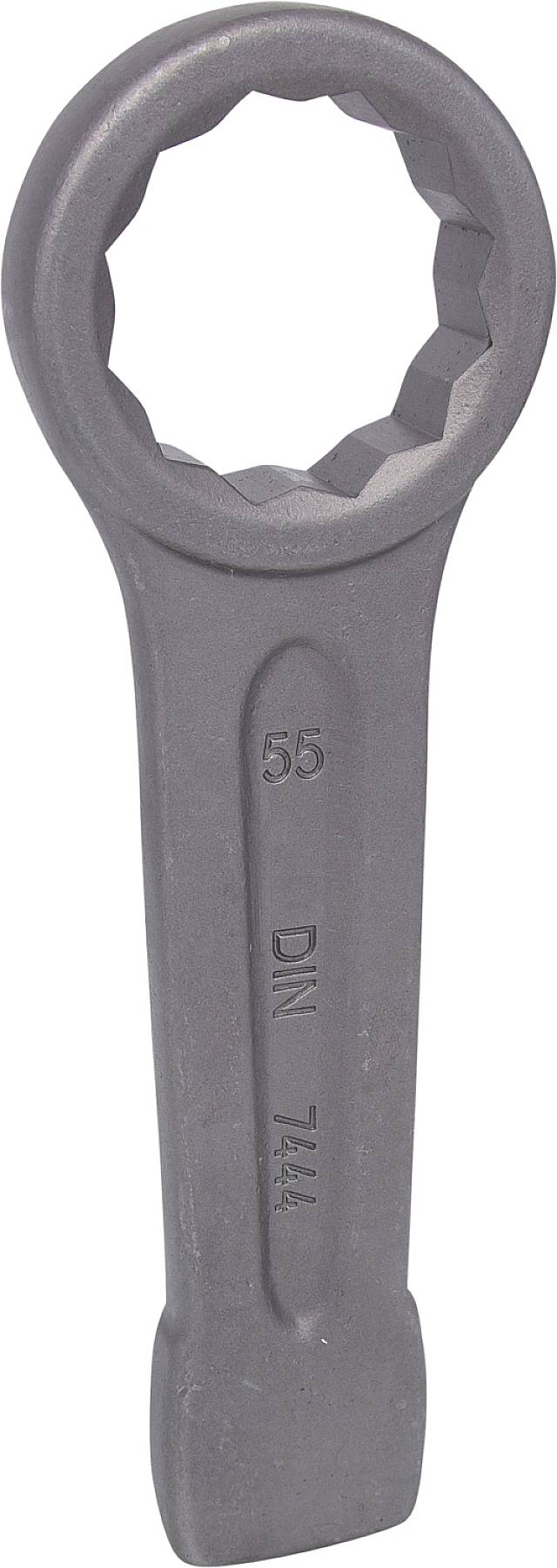 Una chiave ad anello forgiata in metallo grigio con incisione 'DIN 7444' e il numero '55', probabilmente per connessioni a vite.
