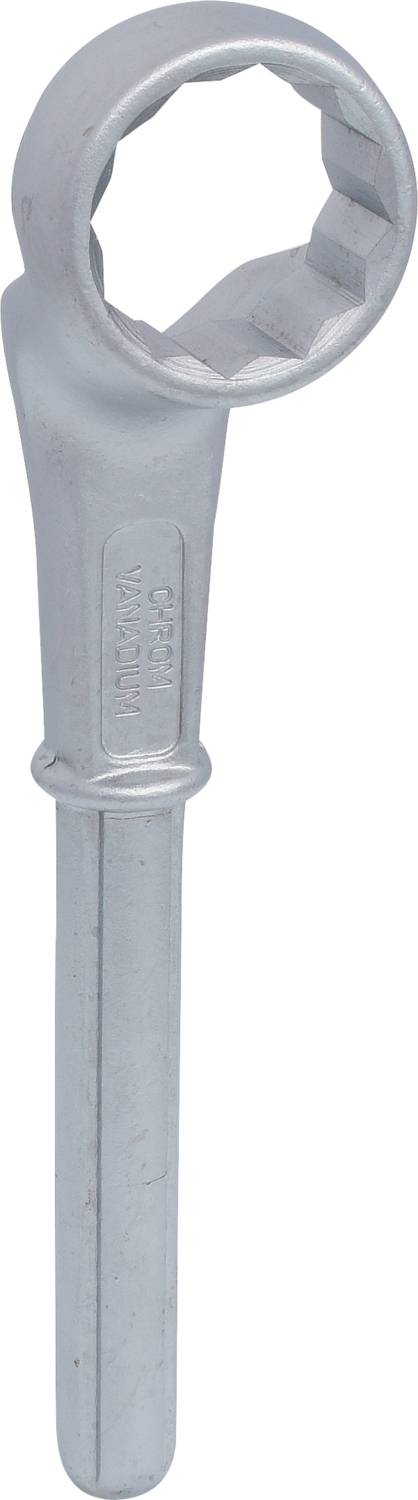Una chiave a cricchetto in argento con una testa esagonale chiusa e un manico lungo. È adatta per serrare o allentare dadi e bulloni.