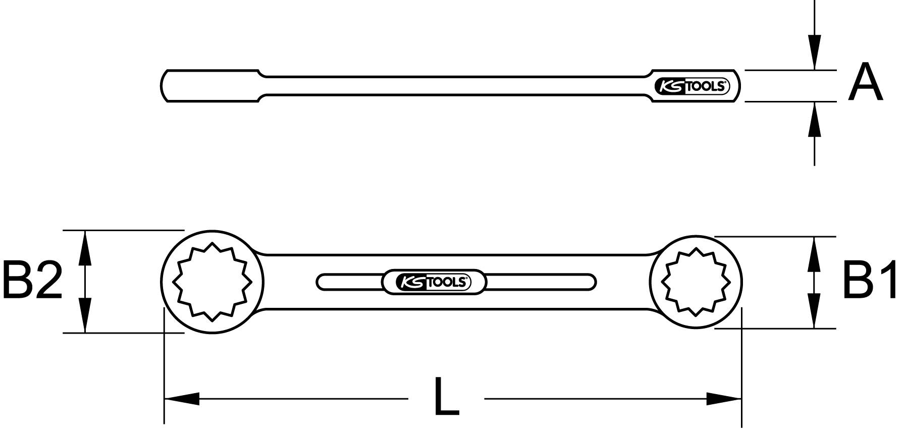 Disegno di una chiave ad anello con dimensioni: A, B1, B2 e L. Mostra la vista superiore e laterale dell'utensile di KS Tools.