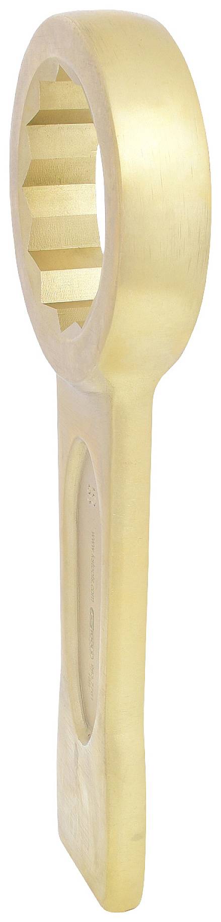 Grande chiave ad anello dorata con apertura esagonale, generalmente utilizzata per applicazioni tecniche o industriali pesanti.