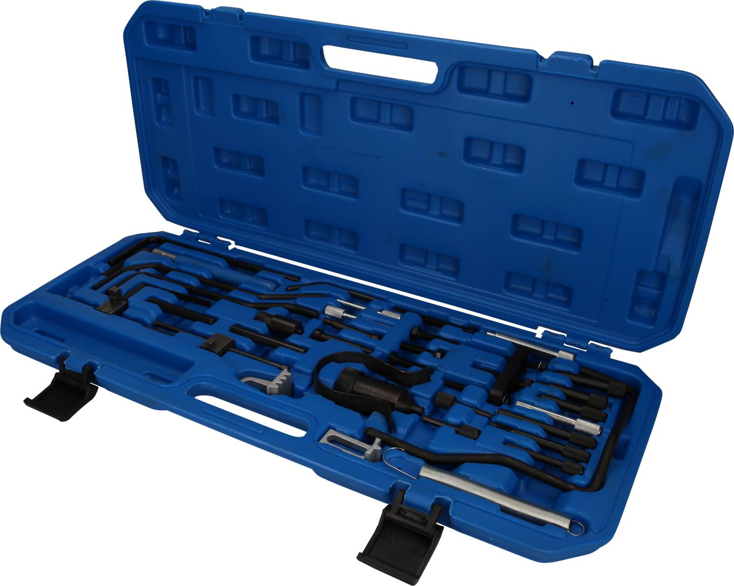Valigetta degli attrezzi blu con vari utensili per auto, tra cui cacciaviti e pinze, per riparazioni e lavori di manutenzione.
