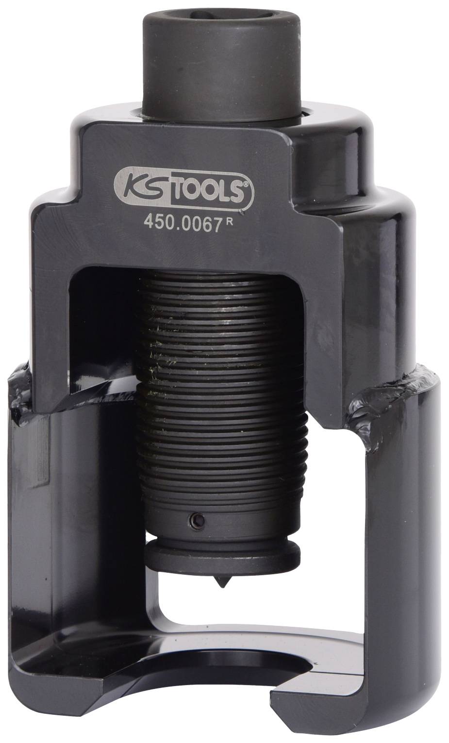 L'immagine mostra un componente utensile nero con la scritta 'KS TOOLS 450.0067R'. Ha un corpo cilindrico e rivela un meccanismo interno.