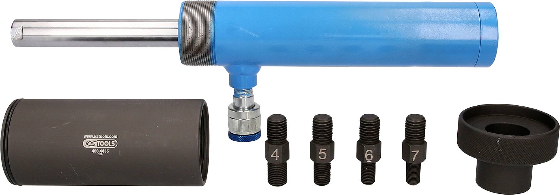 Un set di attrezzi idraulici con cilindro blu, quattro punte per viti numerate e un adattatore per tubo nero.