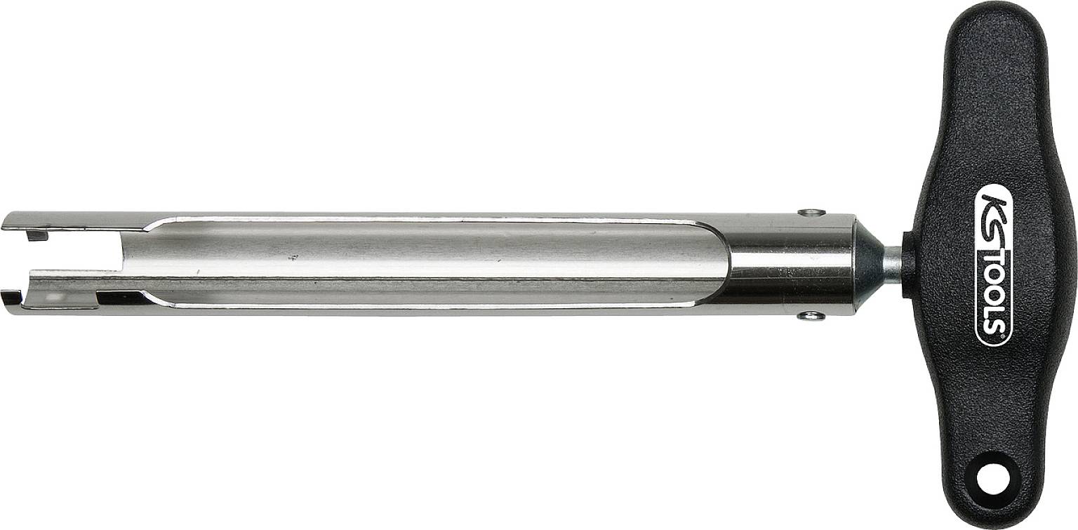 Utensile con impugnatura nera e asta metallica, probabilmente un cercafase o strumento simile.