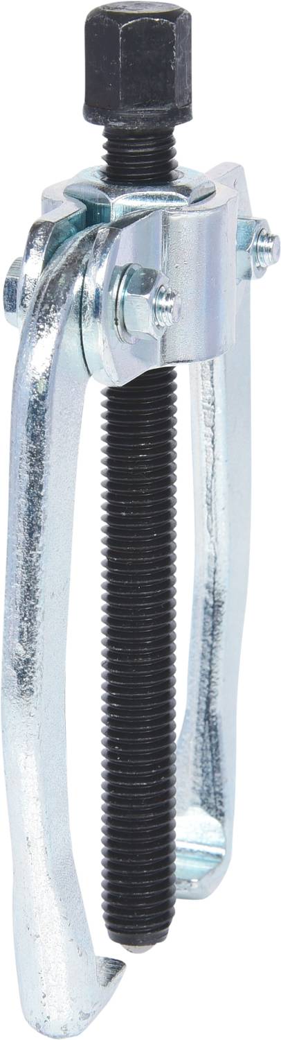 Un estrattore metallico con due ganci e filettatura a vite, utilizzato per rimuovere cuscinetti o ingranaggi.