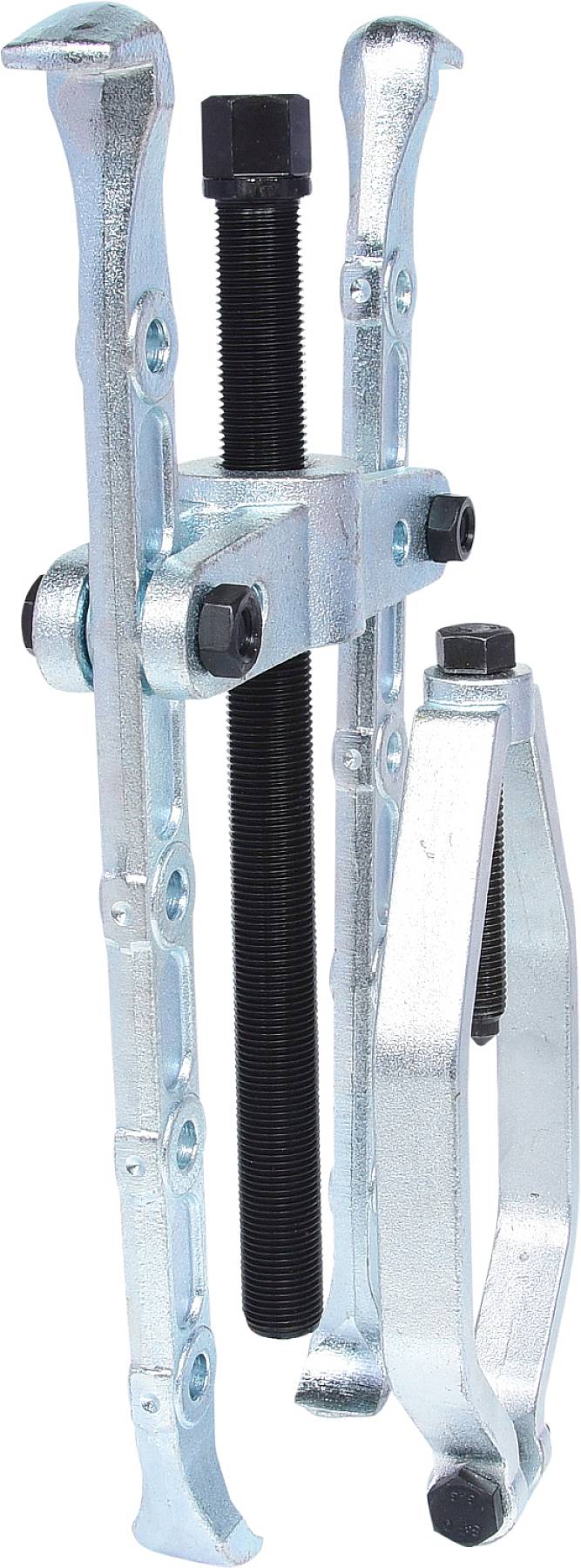 Un estrattore per cuscinetti in argento con due bracci, albero nero e impugnatura girevole, utilizzato per rimuovere cuscinetti o ingranaggi dagli alberi.
