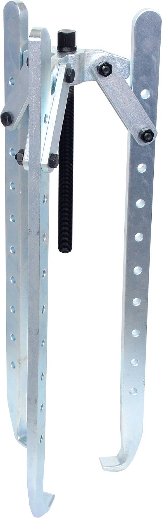 Supporto per sollevatore metallico con ganci e fori per la regolazione dell'altezza, meccanismo centrale per stabilità e fissaggio.