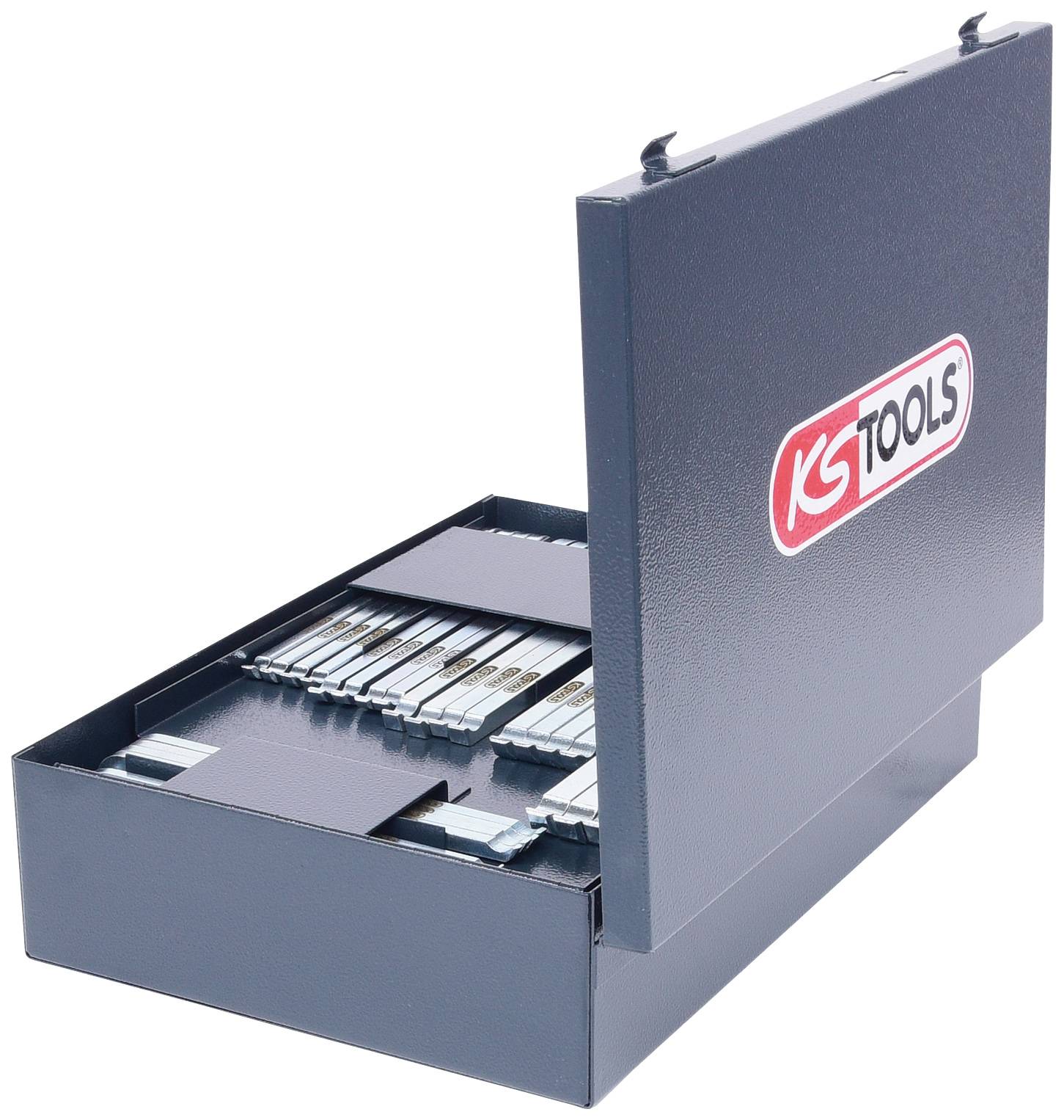 Un cassetta degli attrezzi aperta di KS TOOLS mostra attrezzi disposti in modo specifico. La cassetta è blu e riportata con il logo del marchio.