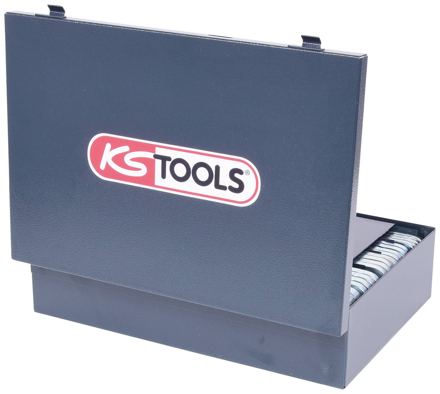 Un portautensili blu scuro con il logo 'KS TOOLS' sulla parte anteriore è leggermente aperto e mostra parti impilate al suo interno.