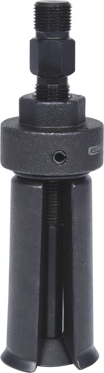 Un attrezzo nero in metallo dalla forma cilindrica con meccanismo a vite, probabilmente un estrattore per lavori meccanici.